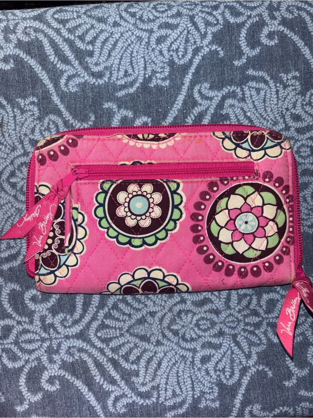 Vera Bradley Hot Pink Quilted Zip Wallet with Floral Medallions